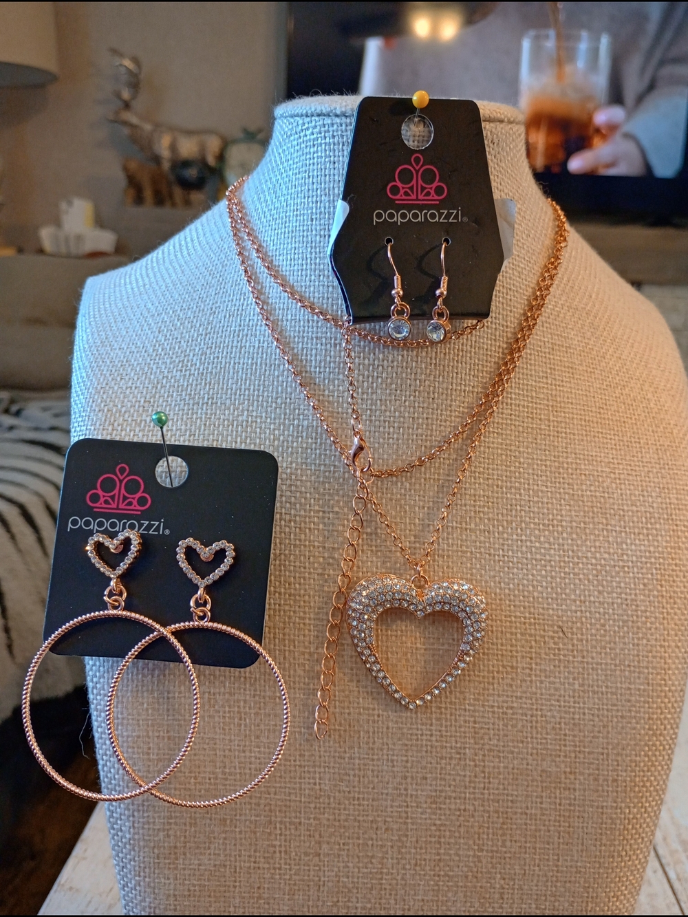 paparazzi Copper Sparkling Heart Necklace & Earring Set